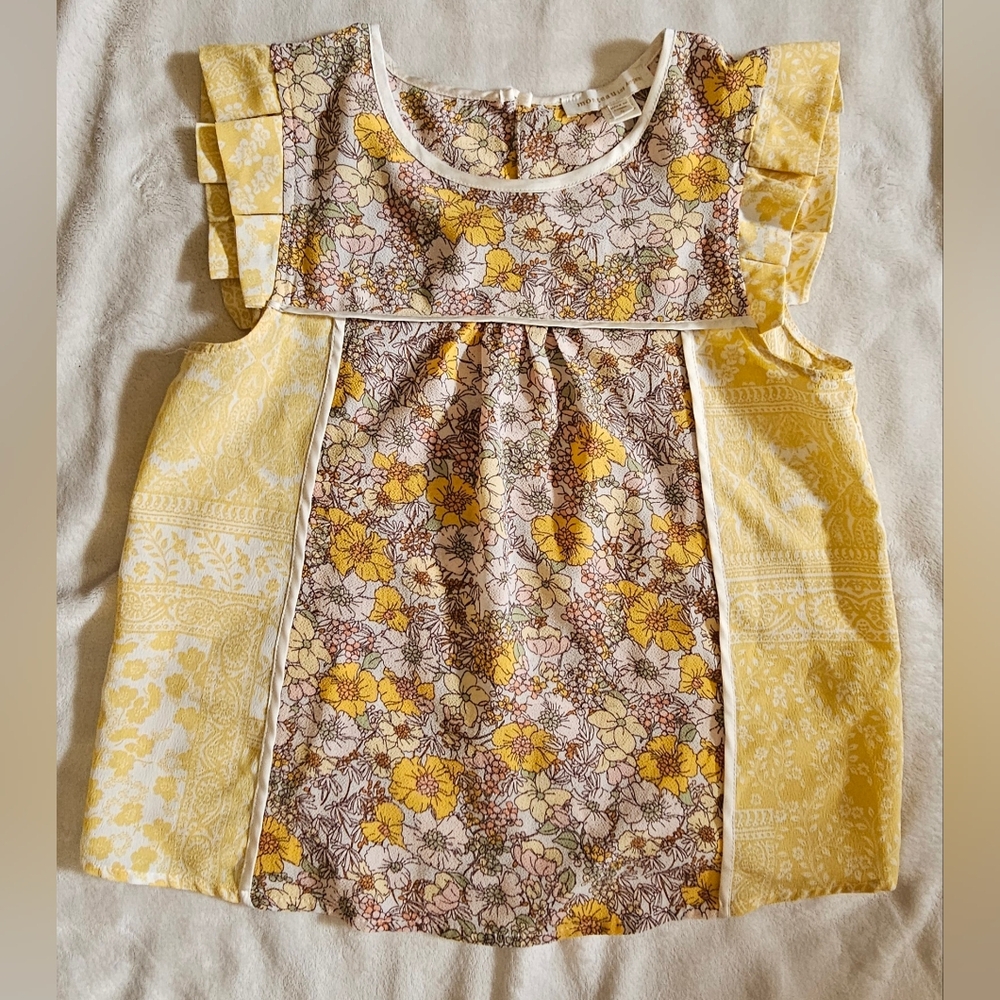 Monteau Los Angeles Floral Yellow Tones Ruffle Sleeve Top Size S